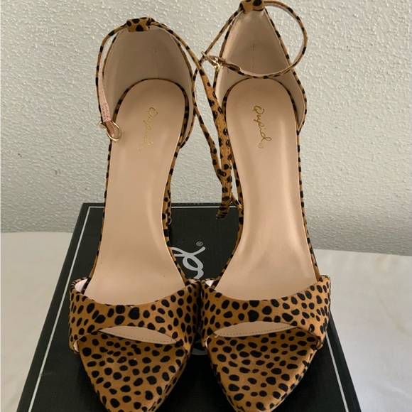 Qupid open toe sandals. Color is Camel/Black Leopard Suede. - Picture 2 of 7